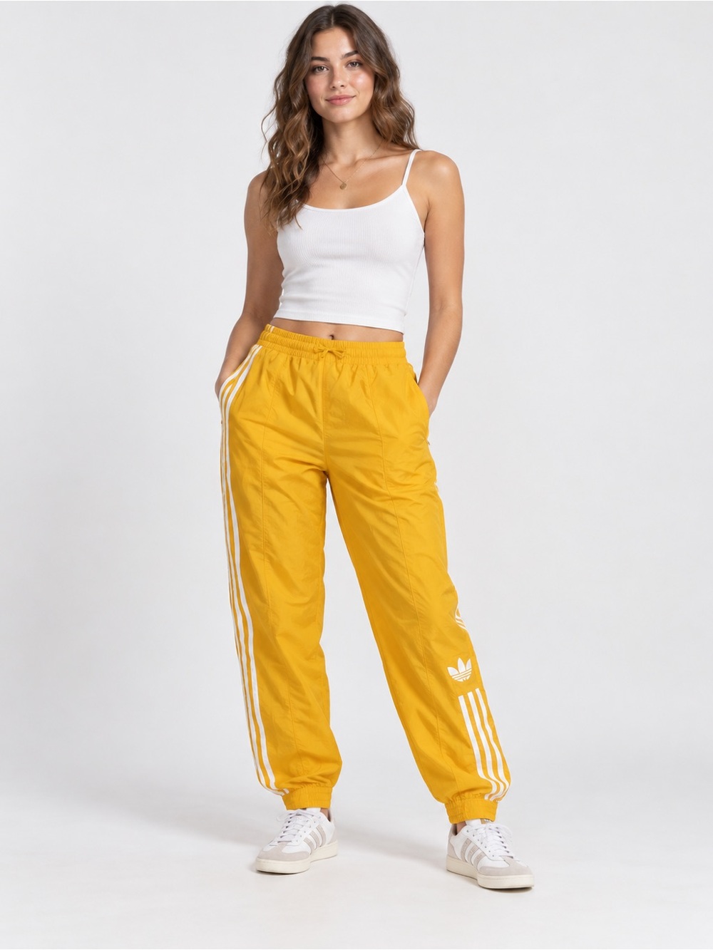 adidas Yellow Track Pants with White Stripe Detail